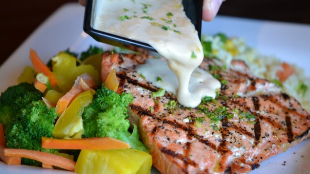Salmon and fresh vegetable meal.