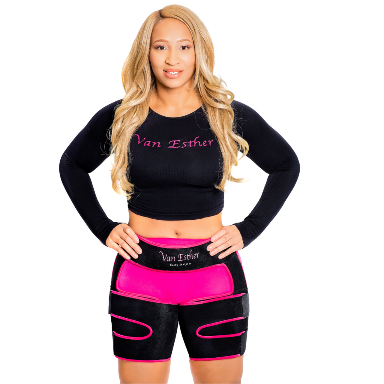 Woman wearing the Black and Pink Van Esther Glute Sculptor/ Thigh Trimmers
